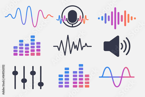 Audio wave vector icons set. Soundwave, music spectrum, equalizer bars, volume control, microphone, sound frequency, audio mixer, amplitude graph, recording symbols. Modern design elements.