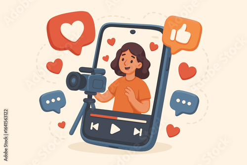 Viral Social Media Video, Influencer Live Streaming, Smartphone Recording, Cartoon Vector Illustration, Online Engagement, Video Sharing, Likes and Comments, Modern Vlogging Concept, Digital Marketing