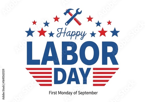 Photo of happy labor day emblem with american flag elements, stars, stripes, hammer, and wrench, celebrating workers and national holiday