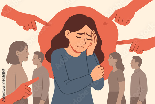 Social anxiety, social phobia, and fear of judgment in public. Depressed woman overwhelmed by criticism, blame, and stigma. Pointing fingers, isolated person, mental health awareness concept.