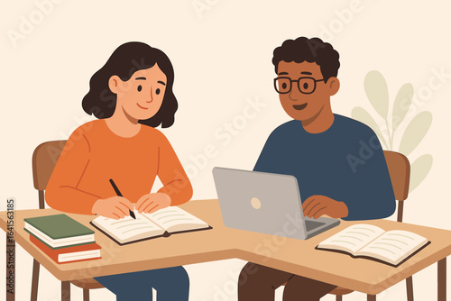 Two students studying and gaining knowledge together at desk with books and computer, education concept, learning, school, teamwork, flat design vector illustration