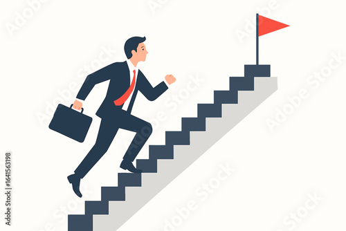 Ambitious businessman climbing stairs to career goal, success motivation, personal growth, achievement, leadership, reaching target, red flag, opportunity, flat vector illustration, corporate ambition
