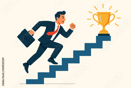 Ambitious businessman running up stairs to golden trophy. Career growth challenge. Corporate success winner. Achievement goal concept. Business stairway rapid progress. Motivation aspiration vector.