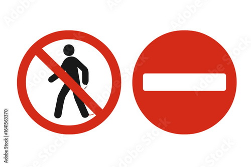 Prohibitory road signs for pedestrians, no entry, stop symbol, red circle with diagonal line and white dash, vector illustration, traffic regulation, safety, urban warning signage