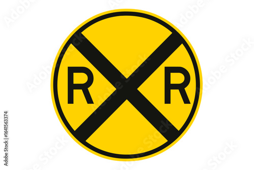 Railroad Crossing Warning Sign, Yellow Circular Railway Crossroads Notification, Black X and RR Letters, Traffic Safety Symbol, Level Track Intersection Ahead, Vector PNG Illustration