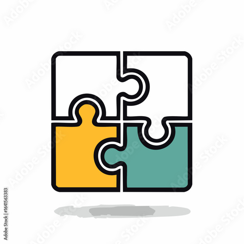 Four-piece jigsaw puzzle icon representing a complete solution. A minimalist graphic for concepts of strategy, collaboration, and unity.