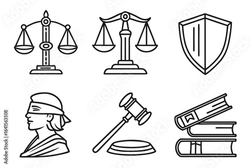 Law and justice symbols isolated on white background