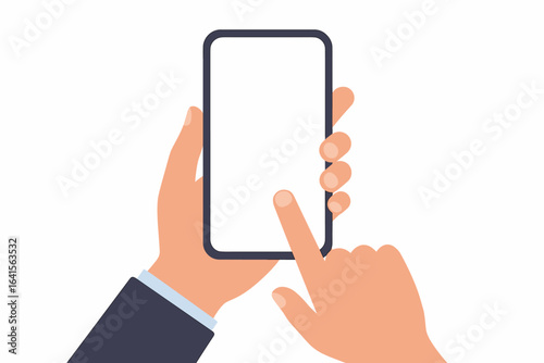 Vector illustration of hands holding smartphone and tapping touchscreen, blank empty screen, mobile device interaction, mockup template, digital communication, technology, isolated white background