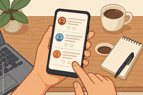 Using social media at home office with hand holding smartphone and checking apps, top view workspace with table background, editable vector illustration, digital communication concept