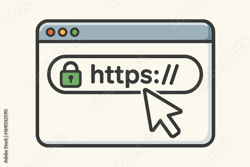 Secure web browsing illustration with HTTPS, SSL encryption, lock icon, browser window, internet security concept, online privacy protection, vector art, cursor pointer, digital data safety