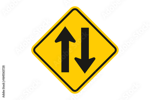 Two way traffic road sign. Yellow diamond warning sign with black up and down arrows. Vector illustration. Highway safety transport symbol. Opposing lanes. Traffic direction caution concept.
