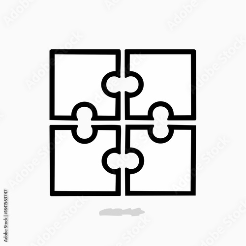 Four-piece jigsaw puzzle icon representing a complete solution. A minimalist graphic for concepts of strategy, collaboration, and unity.