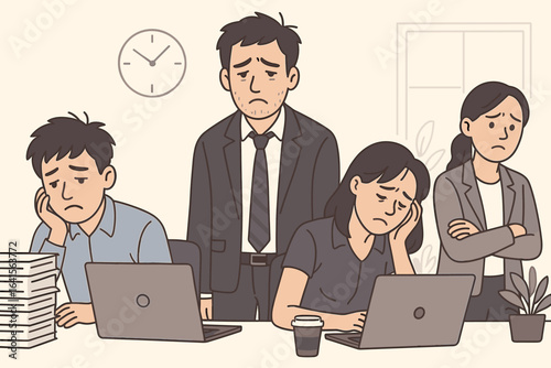 Overworked and Stressed Employees in Office - Unhappy Business Team, Workplace Burnout, Tired Colleagues with Laptops, Deadlines, Workload, Corporate Stress, Vector Illustration Background