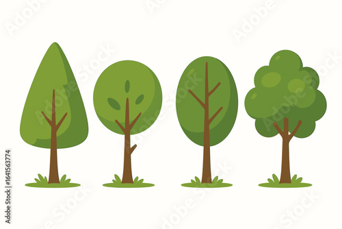 Cartoon tree vector set, cute green trees collection, simple 2D flat illustration, playful nature forest plants, landscape design elements, whimsical foliage, isolated on white background