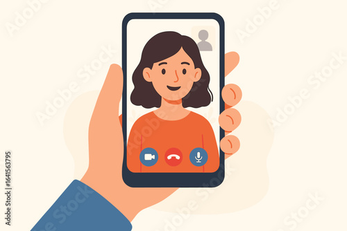 Hand Holding Smartphone with Video Call to Woman, Remote Meeting Concept, Online Communication, Virtual Conference, Digital Technology, Social Distancing, Mobile Video Chat Vector Illustration