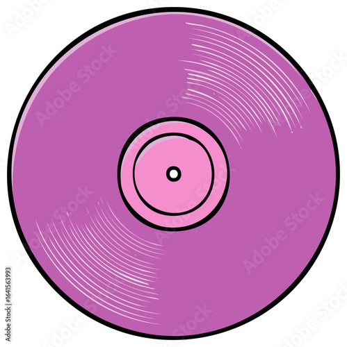 Vinyl record illustration with grooves showing on a purple disc and pink center for music and sound