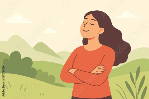 Relaxed woman standing outdoors in scenic landscape, crossing arms, enjoying calm fresh air and self-care break, peaceful mindfulness, unplugged from stress, flat vector illustration concept