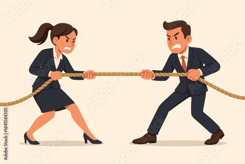 Gender rivalry concept with woman and man businesspeople playing tug of war, competitive teamwork struggle, office conflict, leadership challenge, vector cartoon illustration