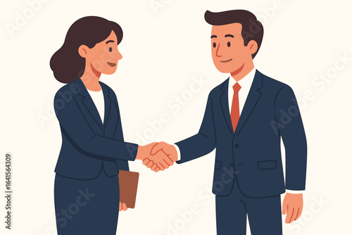 Business professionals handshake agreement. Businesswoman and businessman shaking hands closing deal. Corporate negotiation partnership. Office teamwork, contract signing. Flat vector illustration