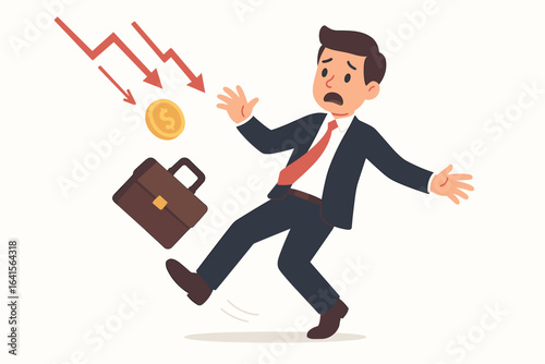Businessman panic stock market crash, financial crisis, economic downturn, recession, worried man, falling profits, money loss, investment failure, corporate collapse, cartoon vector illustration