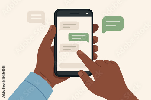 Illustration of texting on smartphone, hand with dark skin holding mobile device, messaging app screen, sending and receiving chat conversations, modern communication concept, flat vector art