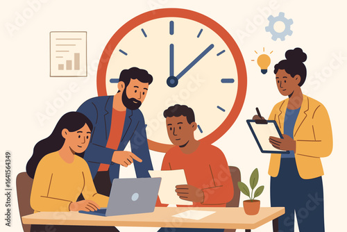 Teamwork productivity office deadline group business people meeting project management collaboration workplace strategy planning time management concept modern flat vector illustration