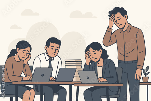 Overworked Office Employees Feeling Stressed, Exhausted, Sad, Burnt Out in Corporate Workspace Meeting Room, Surrounded by Laptops, Paperwork, Colleagues, Vector Illustration Concept