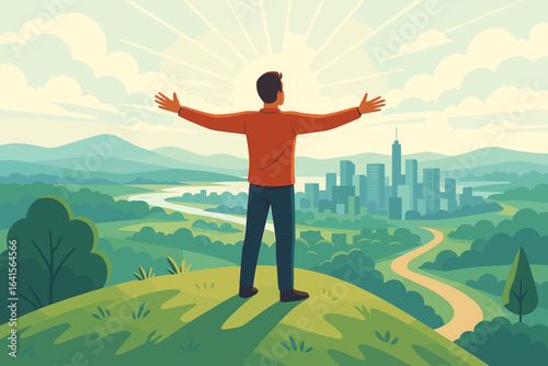 Inspirational man standing on hilltop with open arms overlooking city and nature, symbolizing hope, motivation, aspiration, future vision, opportunity, success, and personal growth