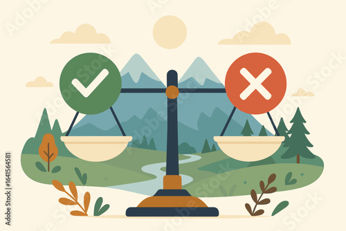 Balanced decision making metaphor—checkmark vs cross on weighing scale in scenic landscape, right versus wrong, ethical choices, nature background, flat design vector illustration