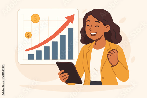 Confident female investor celebrating financial success, businesswoman with tablet analyzing positive stock market chart, money growth, investment returns, financial achievement, economic progress