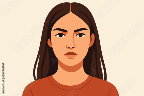 Young woman portrait vector illustration, attractive female character with long brown hair, natural serious expression, casual clothing, diversity, avatar icon, flat modern style
