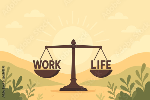 Work-life balance scale concept, equal weight work and life words, metaphor harmony and wellbeing, sunrise background, comparing priorities, lifestyle choice, morning landscape, equilibrium symbol