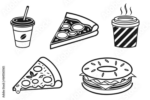Fast food icons pizza, burger, and drinks isolated on white