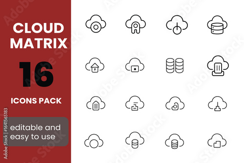 Cloud Matrix Thin Line Icon Set – Editable Vector Symbols for Cloud Storage and Computing