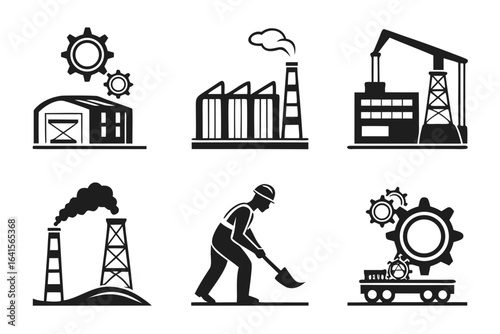Set of industrial icons with factories, worker, and machinery