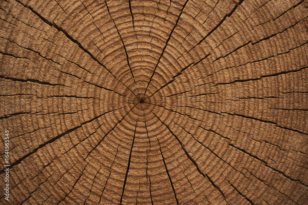 Fototapeta premium Tree trunk cross section close up showing annual growth rings natural wood texture pattern background detailed circular lines forestry concept organic structure lumber surface material nature environm