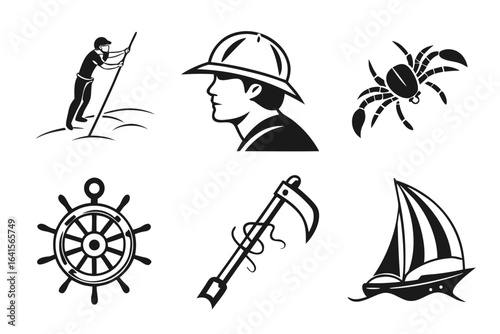 Nautical icons set with boat, helm, crab, and fisherman