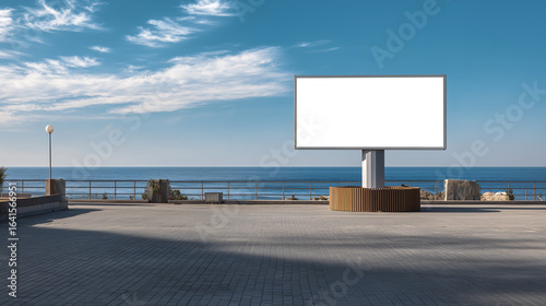 An outdoor billboard advertisement mockup is shown in a seaside resort city with a White background