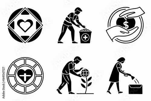Set of icons representing charity and helping others