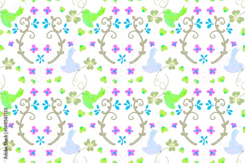 Seamless Pattern with Yellow Birds and Clover Flowers