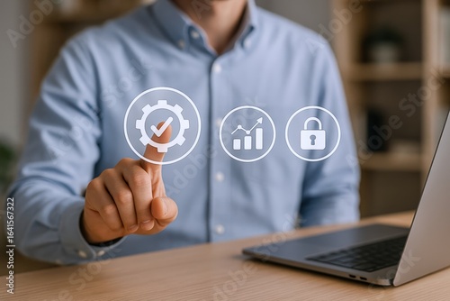 Business professional using interactive interface touching setting icon, representing automation, workflow, efficiency, and security
