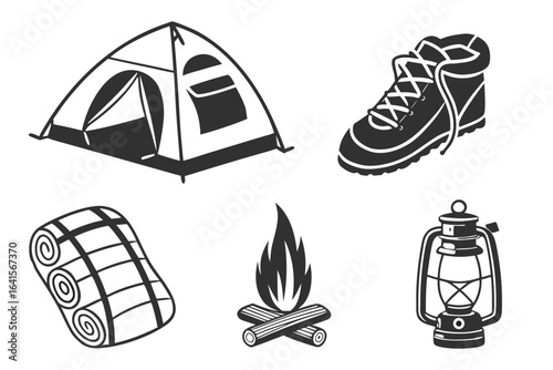 Camping and hiking gear icons isolated on white background