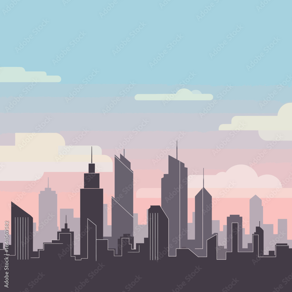 Naklejka premium Silhouette of a modern city skyline with a pastel sky and clouds.