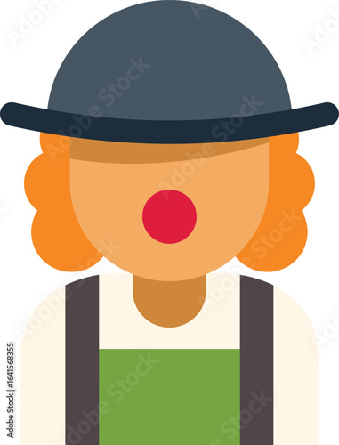 Clown with red nose and orange curly hair wearing a bowler hat and green apron performing a show