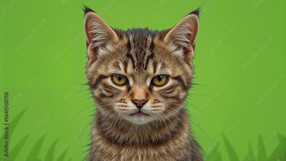 Fototapeta premium Close portrait of an angry young feline with a plain green background and text area