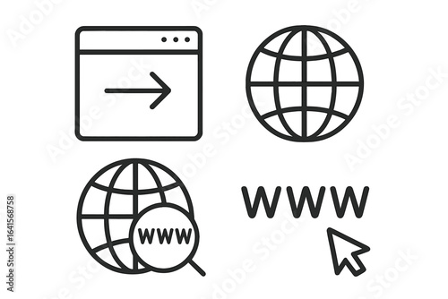 Internet web browser icons set. Global network globe symbol. Search www sign. Online arrow cursor, internet surfing, website domain, worldwide web access. Digital technology concept illustration.