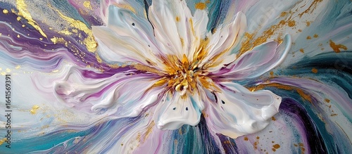 Fototapeta Naklejka Na Ścianę i Meble -  Luxurious Impasto Flower with Swirling Gold, Purple, and Teal Paint