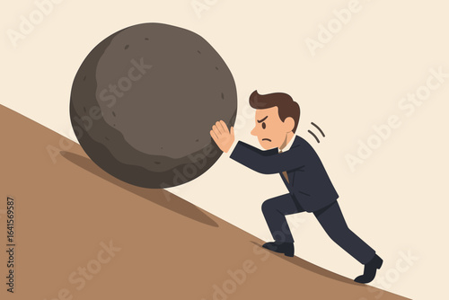 Businessman pushing large boulder uphill, business challenges, hard work, struggle, determination, persistence, overcoming obstacles, success concept, perseverance, motivation, vector illustration