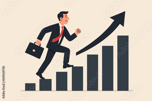 Businessman climbing success stairs, corporate career growth, professional progress, leadership ambition, upward trajectory, business achievement, personal development vector illustration