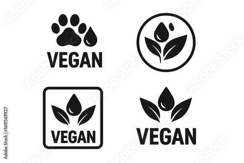 Vegan product icon set for packaging and menu. Animal paw print, drop, leaf, nature symbol. Vegan food, cruelty-free, eco-friendly, natural organic ingredients, vector logo collection.
